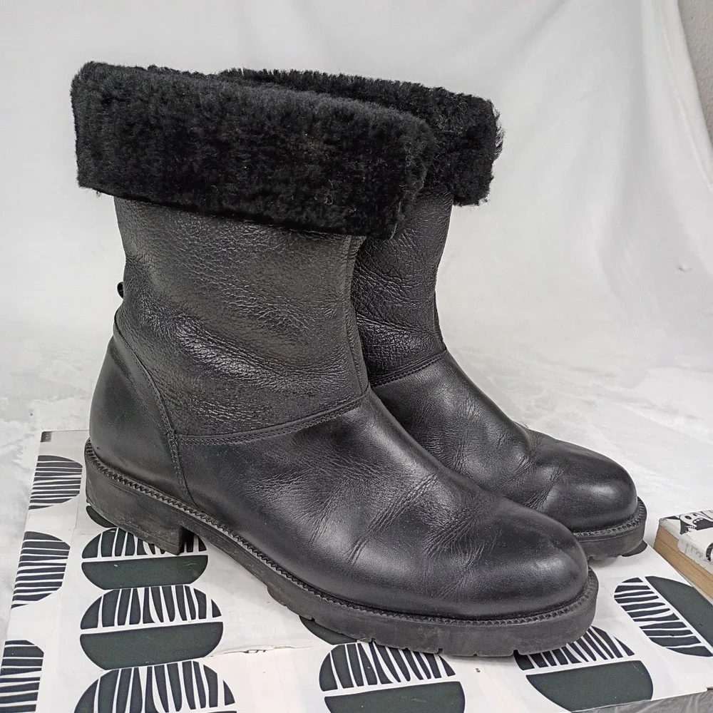 Santana Canada Black Leather Faux Fur Trim‎ Winter Boots Lug Sole Mens 8.5